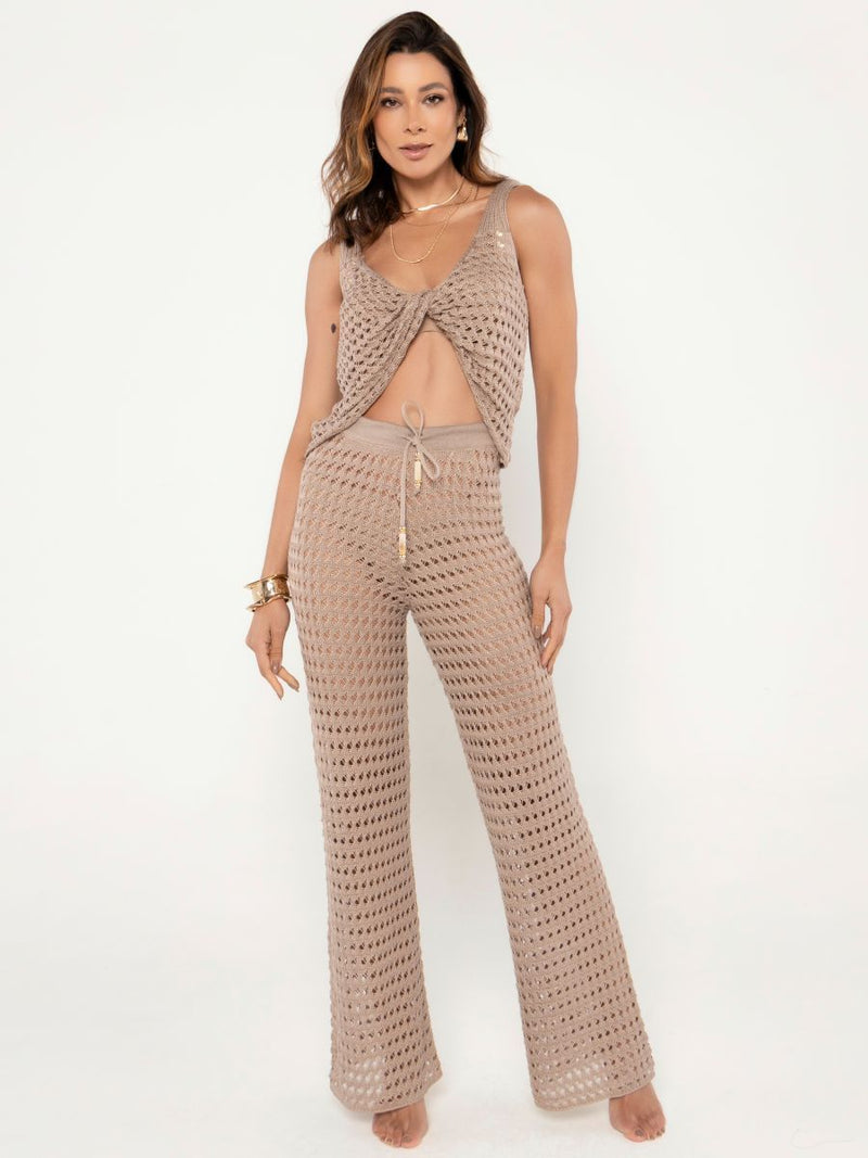 top e calça tricot areia 9165T brazil del mar