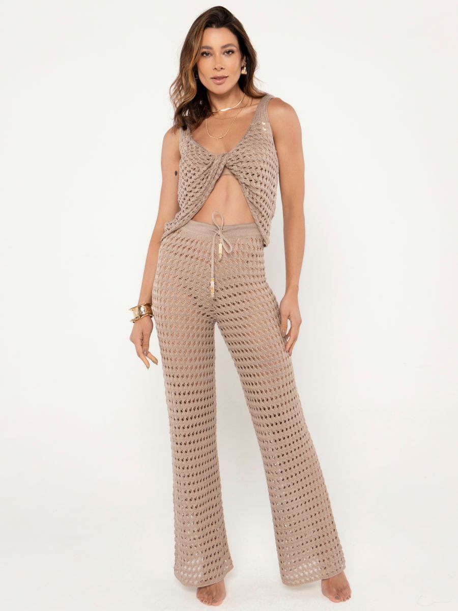 top e calça tricot areia 9165T brazil del mar