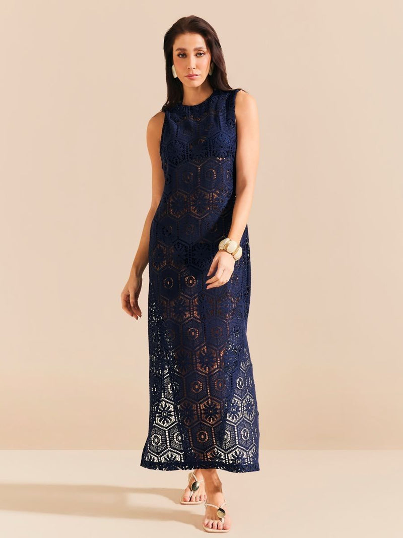 vestido longo tela crochê azul marinho 1682 de chelles