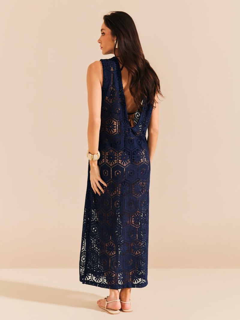 vestido longo tela crochê azul marinho 1682 de chelles