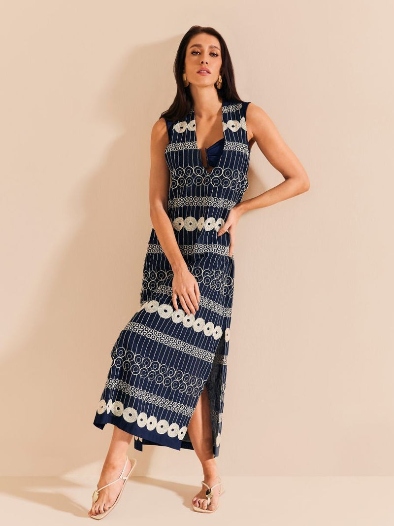 vestido longo bordado azul marinho 1683 de chelles