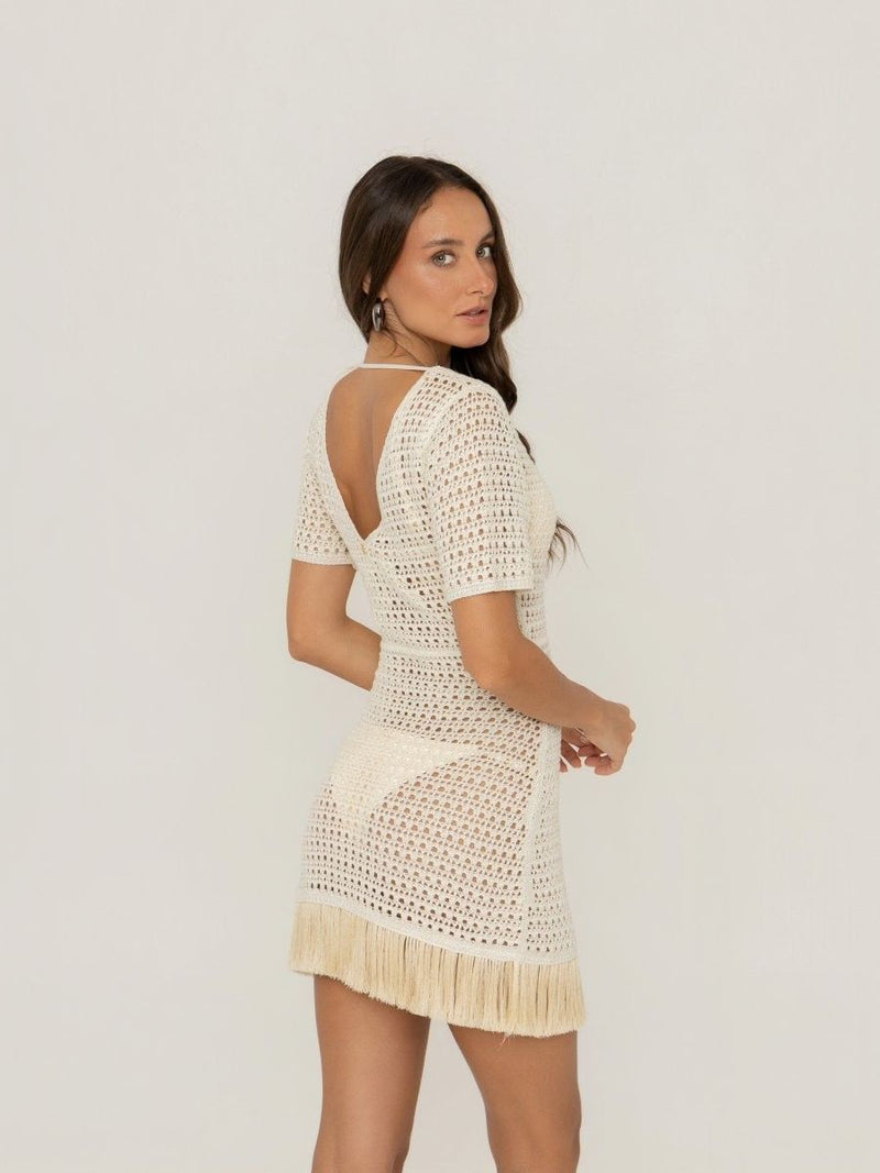 vestido curto tricot franjas pérola 9151 brazil del mar