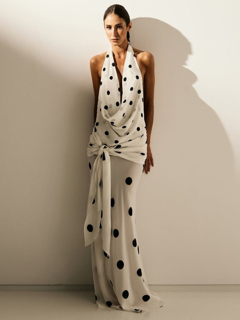 vestido longo de seda poá chiara 1031 oásis resortwear